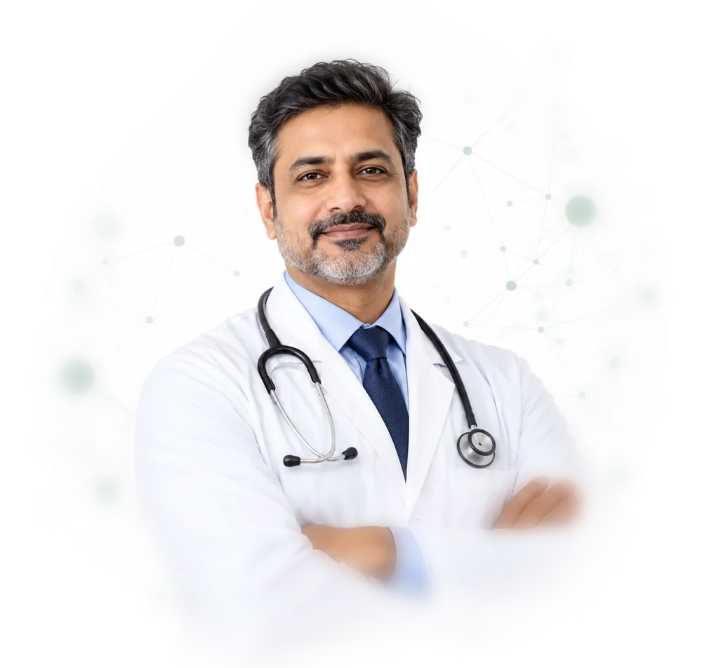 Indian doctor in a white coat with a stethoscope